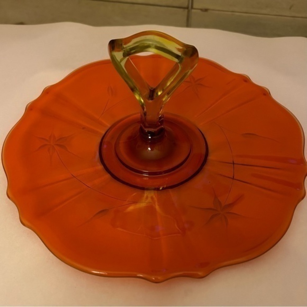 Art Deco Etched Orange Tid Bit Tray, Green Handle Bright and Festive SO RARE